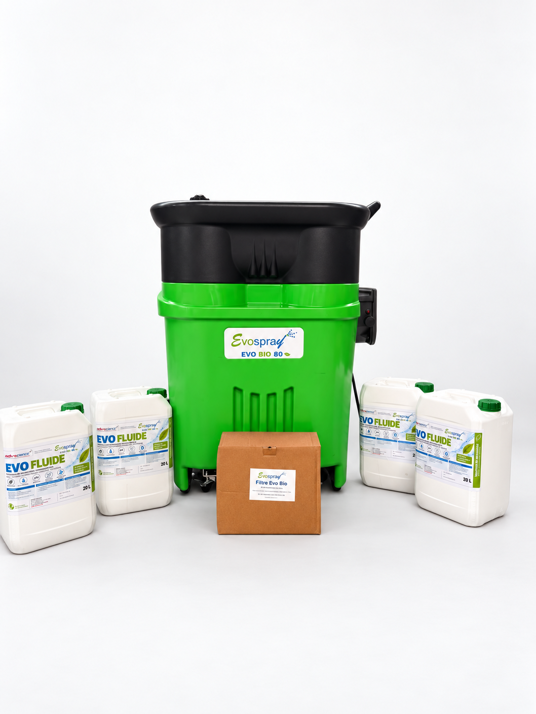 Fontaine EVOSPRAY BIO 80 avec ses bidons de fluide et son filtre biologique sur fond blanc