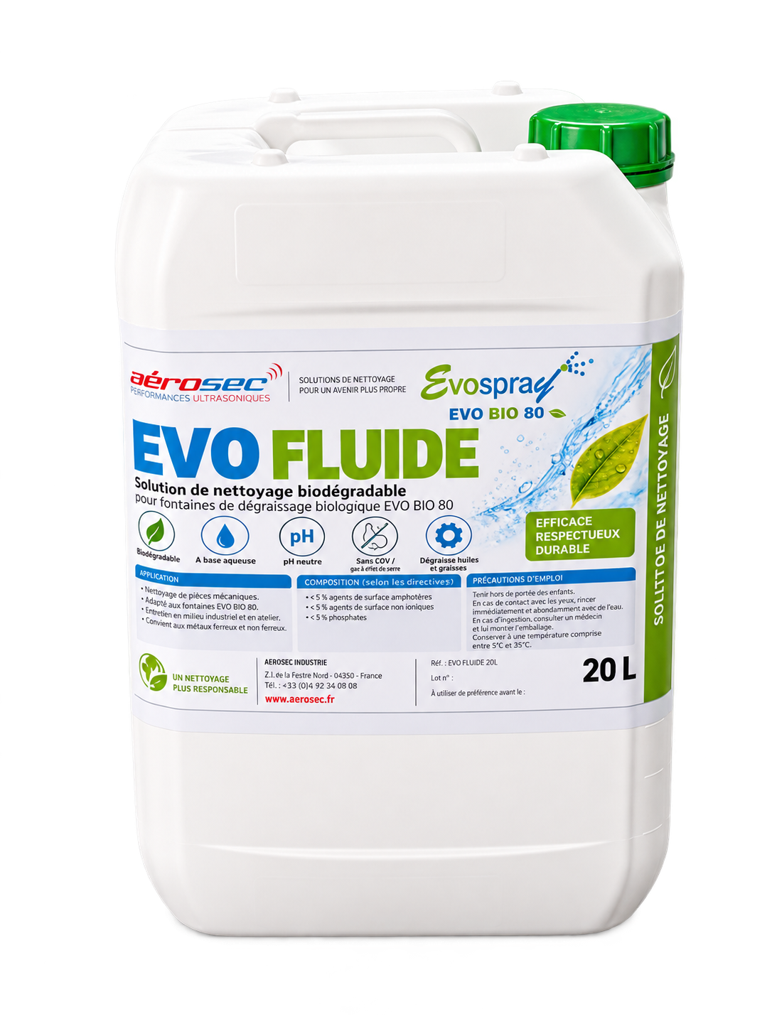 Bidons de fluide biodégradable EVO BIO sur fond clair