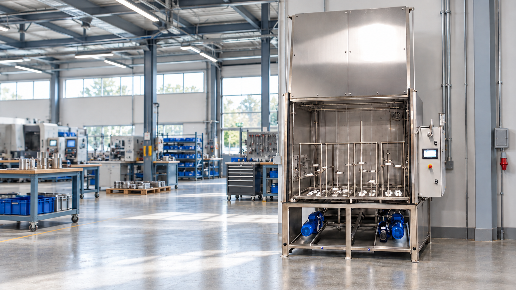 Machine réelle de lavage industriel EVOSPRAY installée dans un atelier de production