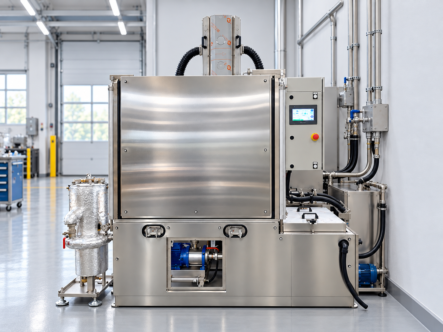 Machine industrielle deux bains droite et de niveau, adossée au mur avec raccordements techniques regroupés