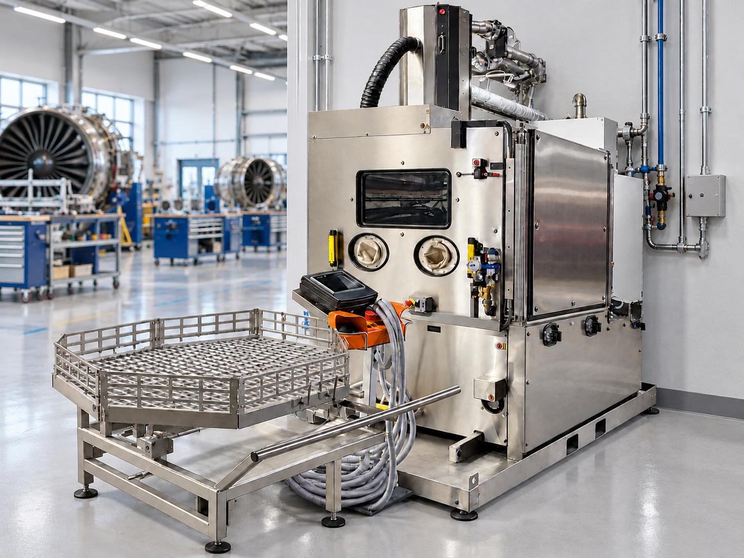 Machine EVOTHOR 2B adossée au mur, avec chargement dégagé dans un atelier aéronautique