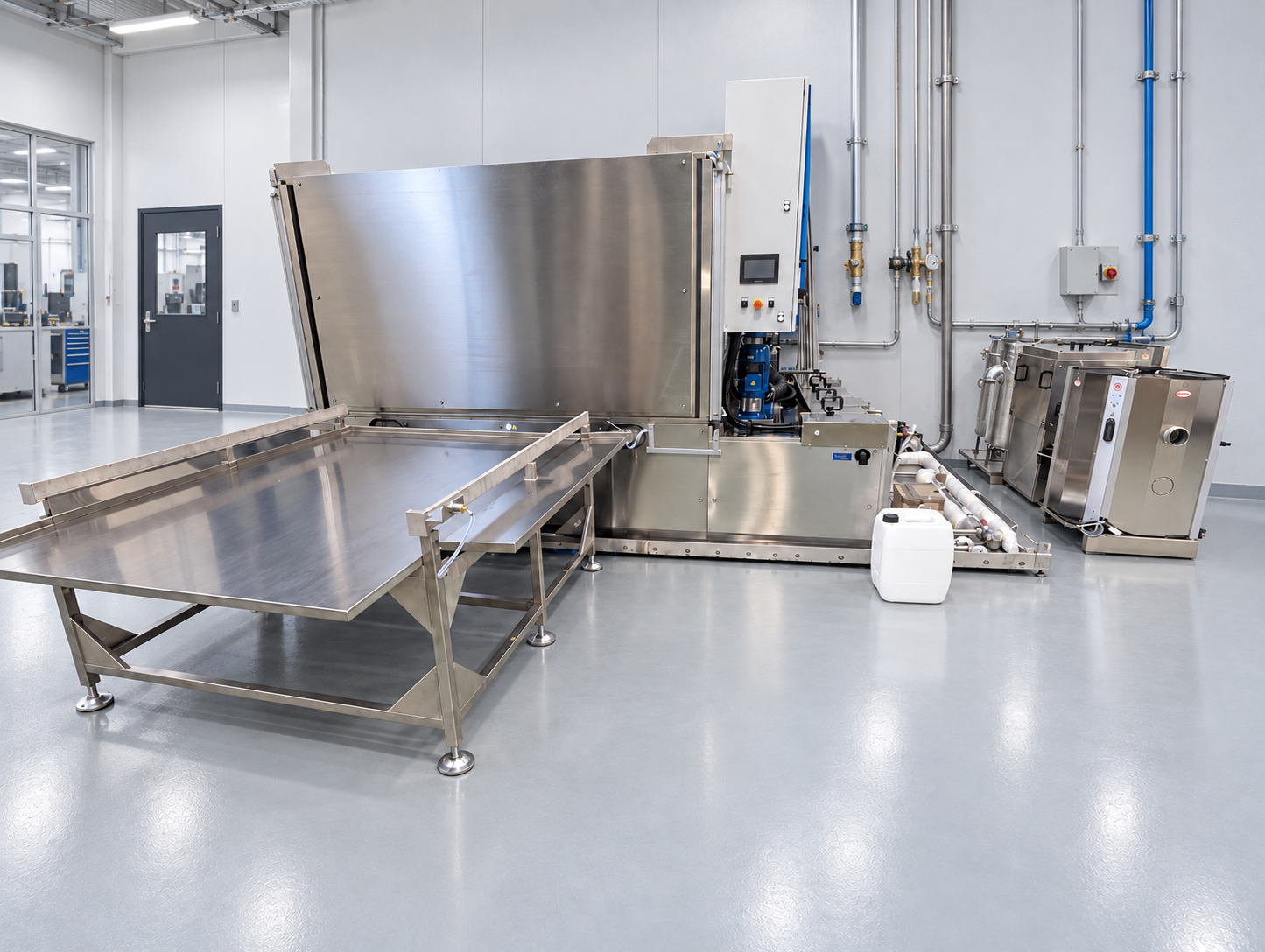 Machine de lavage sur mesure installée contre un mur, table de chargement orientée vers l’atelier